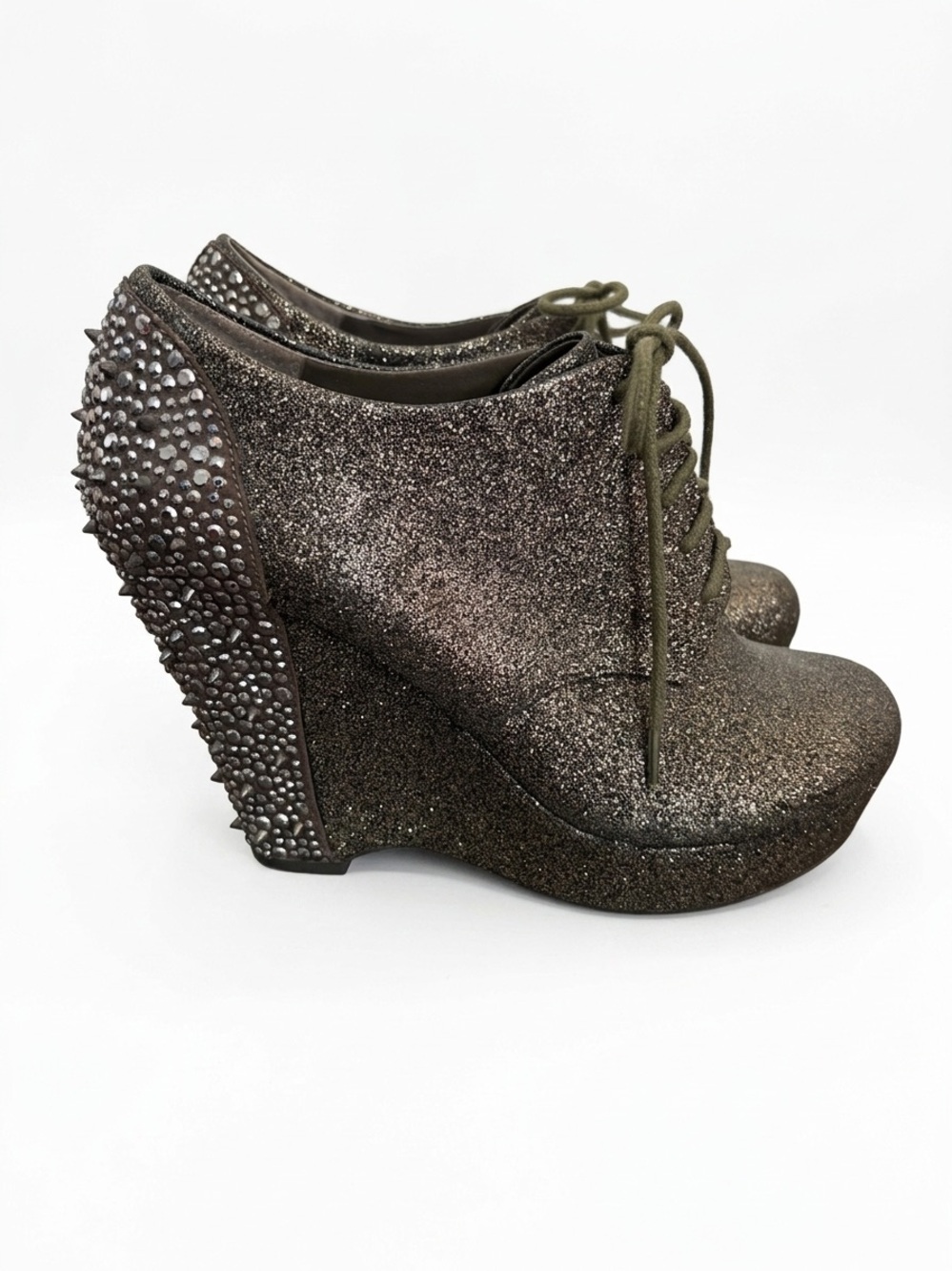 Gianni Bini Metallic Spiked Rhinestone Glitter Lace-Up Wedge Booties in Bronze